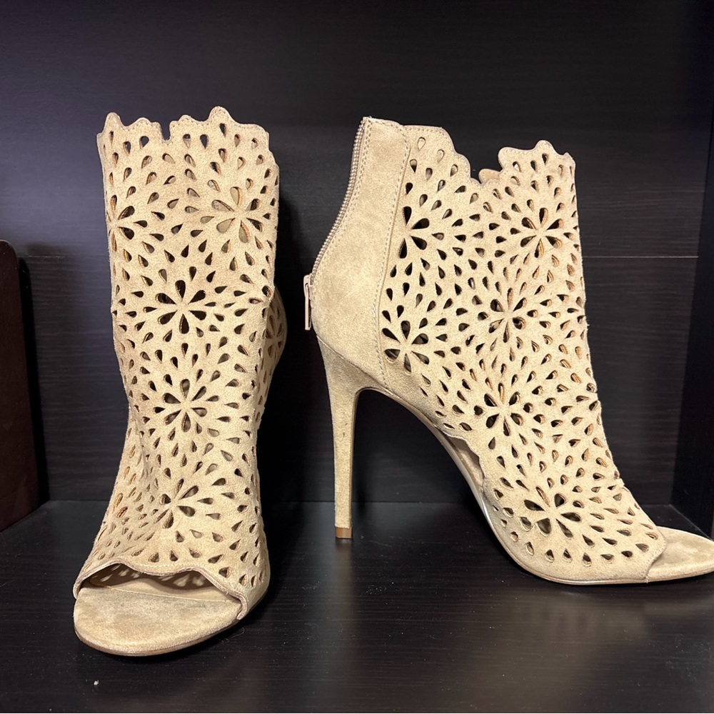 Aldo Cream Heeled Boots with Intricate Cutouts